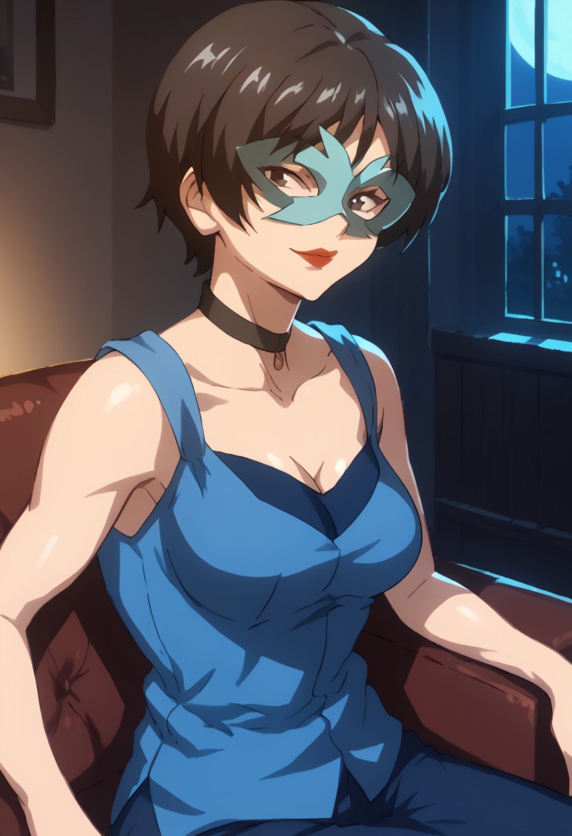 score_9, score_8_up, score_7_up,at room, indoor, moonlight,night , black eyes,richlady, female, mask, black hair, red lips, collar, blue clothing, culotte ,sitting,smirk