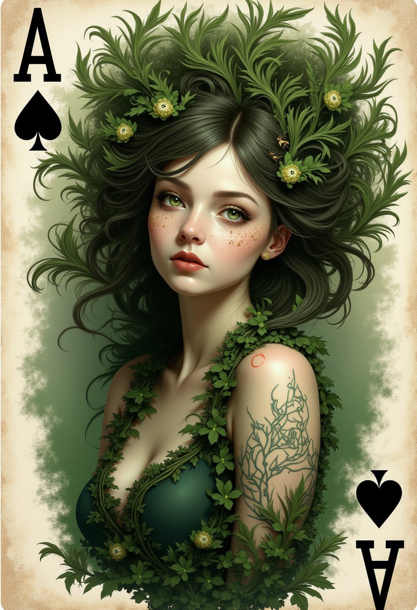 Playing card design, with 1 card. pick at random a single ACE card of 1DIAMOND, 1SPADE, 1HEART, 1CLUB. text "A" in top left of the corresponding card. text "A" upside down in bottom right corner of the corresponding card. in the middle of the card is a randomly different Dryad woman. each woman has random green, brown, black, red, blonde, hair. cards are of normal proportions.
Dryad woman features stay inside the limit of the card frame.
Each dryad woman has these features: petals. tree. green emerald eyes. dryad. monster girl. bugs. hair ornament. floating hair. plant girl. tree spirit with light skin. almost melancholic undertone. fair porcelain skin.
high definition detail. glamorous women art. photo-realistic. featuring woman with striking pose. giving impression of tranquility or possibly a dreamlike state. 1900s photo deep field vignette antique-style effect.