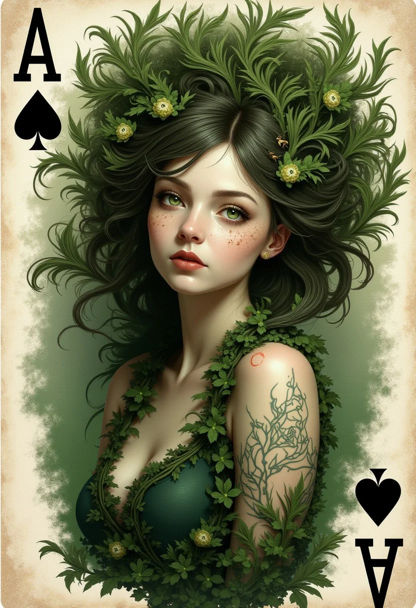 Playing card design, with 1 card. pick at random a single ACE card of 1DIAMOND, 1SPADE, 1HEART, 1CLUB. text "A" in top left of the corresponding card. text "A" upside down in bottom right corner of the corresponding card. in the middle of the card is a randomly different Dryad woman. each woman has random green, brown, black, red, blonde, hair. cards are of normal proportions.
Dryad woman features stay inside the limit of the card frame.
Each dryad woman has these features: petals. tree. green emerald eyes. dryad. monster girl. bugs. hair ornament. floating hair. plant girl. tree spirit with light skin. almost melancholic undertone. fair porcelain skin.
high definition detail. glamorous women art. photo-realistic. featuring woman with striking pose. giving impression of tranquility or possibly a dreamlike state. 1900s photo deep field vignette antique-style effect.