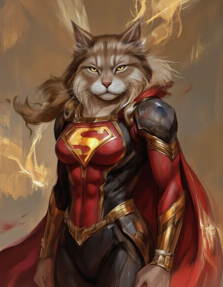 <lora:chizhic:1>, This is a highly detailed digital painting of a superhero cat, inspired by the character Supergirl. The artwork features a majestic feline with long, flowing fur around her neck and shoulders, resembling a powerful mane. Her fur is soft and textured, with shades of brown and subtle highlights that give depth and realism. Her eyes are bright, expressive, and full of confidence â showing both curiosity and determination.
She is dressed in a sleek, form-fitting suit that combines elements of armor and a superhero uniform, tailored perfectly to her feline shape. The suit is predominantly red and dark gray with elegant gold accents, featuring a bold "S" emblem on her chest, glowing with vibrant energy. The suit includes intricate, metallic details, giving it a futuristic and armored appearance. A long, flowing red cape, delicately woven with golden threads, trails behind her, enhancing her aura of power and grace.
The background is a textured blend of warm, earthy tones â primarily brown and beige â accented with golden highlights, creating a dynamic and vivid backdrop that contrasts beautifully with the subject. The lighting is expertly placed to accentuate her features and the reflective surfaces of her suit, casting soft shadows that add realism and depth to the image. The overall style is hyper-realistic, making the artwork visually stunning and immersive.