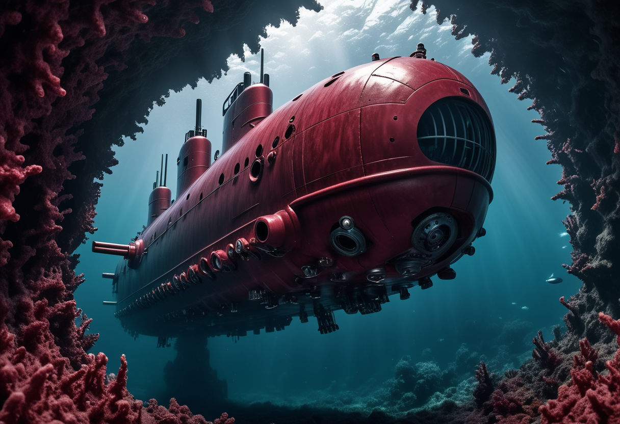 award winning, (professional photo) of (advanced massive dark-red submarine) with crystalline hull, hybrid propulsion systems, hydrodynamic fins,   the submarine is navigating through  a hydrothermal vent, with mineral-rich water, bizarre life forms, a dynamic and hostile underwater environment, , creative, beautiful, vibrant, masterpiece, 64k, UHD, HDR, full view, atmospheric lighting, extremely detailed
