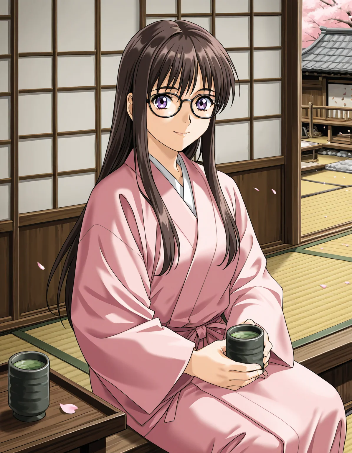 <lora:saku-v9-il-000041:0.75> sh1h0, brown hair, purple eyes, glasses, sidelocks, long hair, robe, pink robe
1girl, solo, tatami, shouji, sitting, looking at viewer, smile, holding, yunomi, green tea, outdoors, falling petals