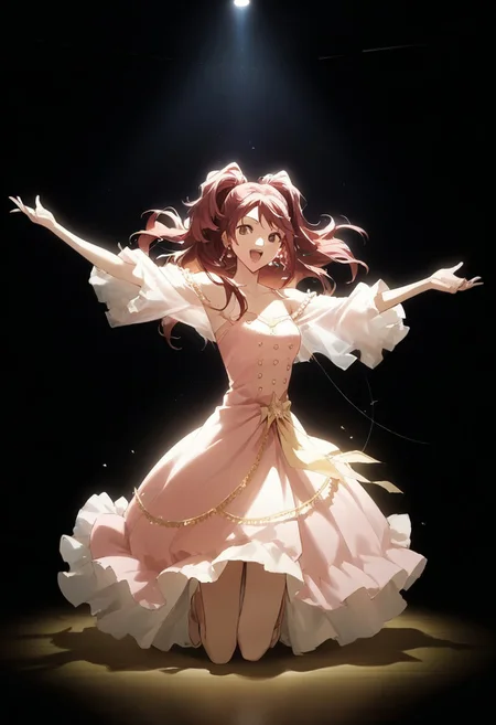 score_9, score_8_up, score_7_up, (source_anime), 1 girl, solo, nsfw, cute face, (((dark environment))),(((night))),(((absolute dark and bad))),single stage spotlight, stage lighting,
p4rise, kujikawa rise, twintails, long hair, red hair, brown eyes, earrings, concert, pop idol dress, pink dress, sexy, attractive, singing, microphone, dancing,
masterpiece, best quality, ultra detailed, absurdres, very aesthetic