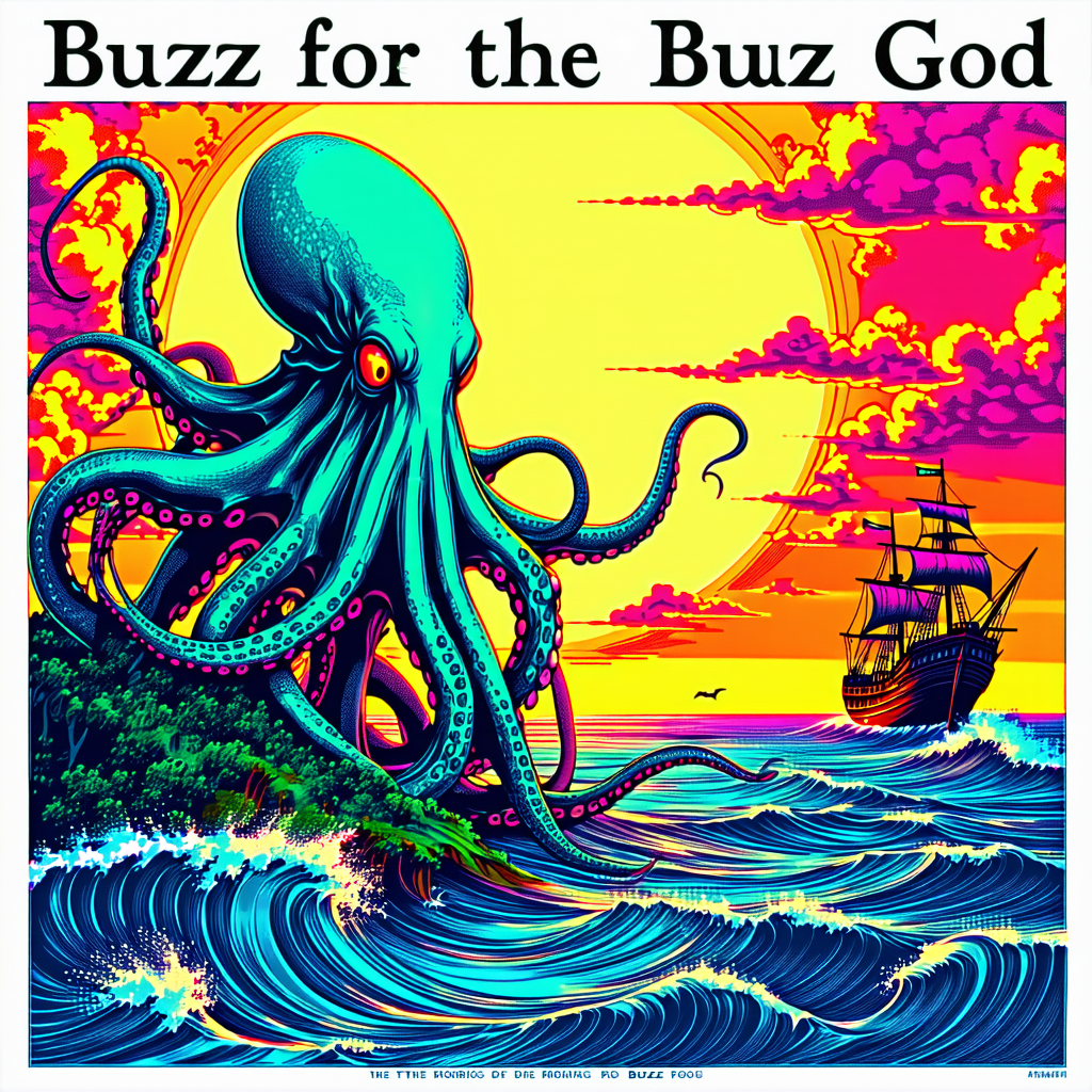 text at top of picture "Buzz for the Buzz God", line art, crosshatching, detailed digital illustration, fractal, cyberdelic, vibrant colors, ocean, ship, sun, buzz, island in the background, cthulhu, tentacled eldritch god