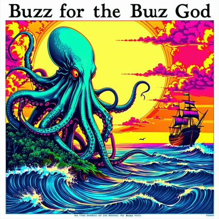 text at top of picture "Buzz for the Buzz God", line art, crosshatching, detailed digital illustration, fractal, cyberdelic, vibrant colors, ocean, ship, sun, buzz, island in the background, cthulhu, tentacled eldritch god