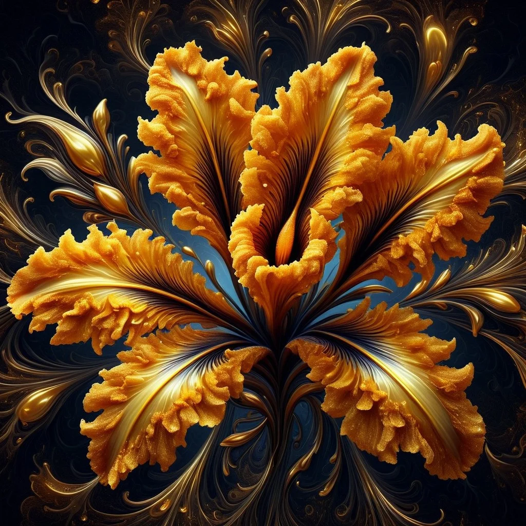 DFC exquisite close-up of crispy iris petals with visible crunch texture in golden-fried vase arrangement skin textures, Deep-Fried & Crispy Style, cinematic photo breathtaking hyper realistic art A digital illustration, and an shiny intricate fractal design resembling a ral-polishedsteel golden iris flower with complex patterns and details. The composition blends the dark, burnt elements with the bright, glossy elegant fractal flower, creating a dramatic and surreal visual effect with high contrast and day-glo details.