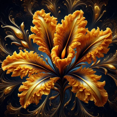 DFC exquisite close-up of crispy iris petals with visible crunch texture in golden-fried vase arrangement skin textures, Deep-Fried & Crispy Style, cinematic photo breathtaking hyper realistic art A digital illustration, and an shiny intricate fractal design resembling a ral-polishedsteel golden iris flower with complex patterns and details. The composition blends the dark, burnt elements with the bright, glossy elegant fractal flower, creating a dramatic and surreal visual effect with high contrast and day-glo details.