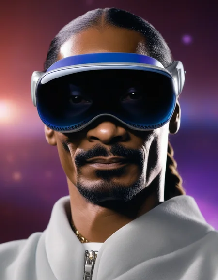 snoop dogg is wearing vsnz headset , galaxy in background, rim light  <lora:AppleVisionProDoguXL_vsnz:1>
