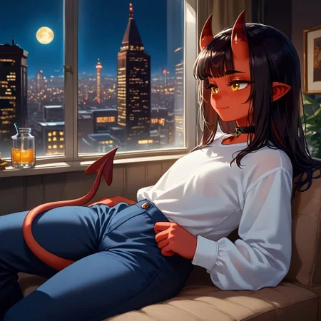 score_9, score_8_up score_7_up, score_6, BREAK masterpiece, high quality, perfecteyes, detailed background, depth of field, SkinDetail, cinematic lighting, shading, meruccubus, 1girl, 2d, red tail, horns, demon tail, long hair, black hair, choker, yellow_eyes, freckles, colored skin, red skin, demon_girl, flat chest, black outline, looking outside window, closed mouth, bottle, relaxing, closed-up face, on side window, sitting window bench, long sleeves, white shirt, blue pants, shirt, indoors, building, interior, night sky, moon, city lights, city background, city theme, huge glass windows, smile
