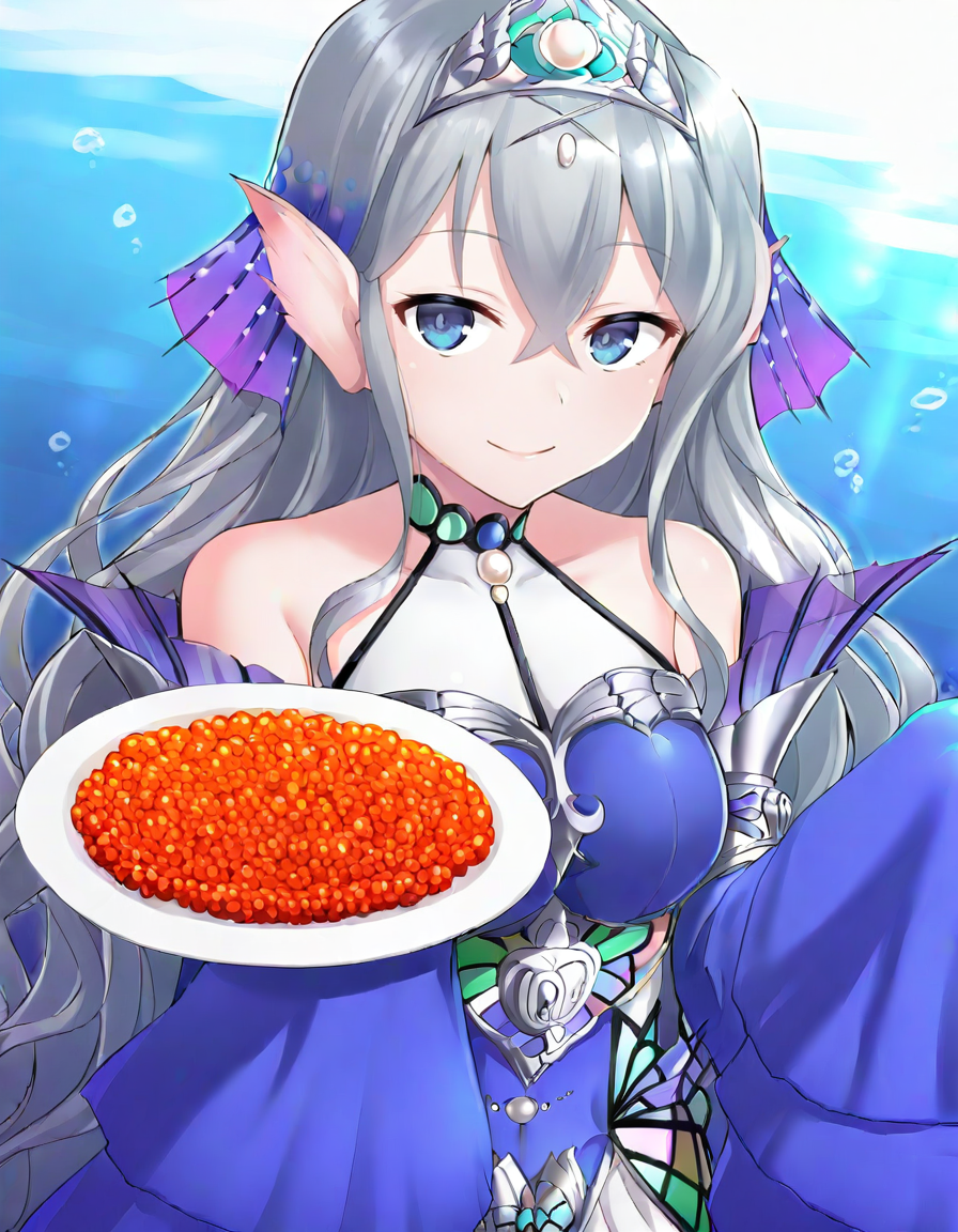 <lora:Tearlaments Kitkallos illuXL v1:0.77>,<lora:satouKuukiXLillokrV53P1:0.8>,
tearlaments kitkallos,silver tiara,blue detached sleeves,sleeves past wrists,1girl,solo,smile,looking at viewer,mermaid,white pleated skirt,blue dress,,indoor,upper body,holding plate,fish_roe_sushi