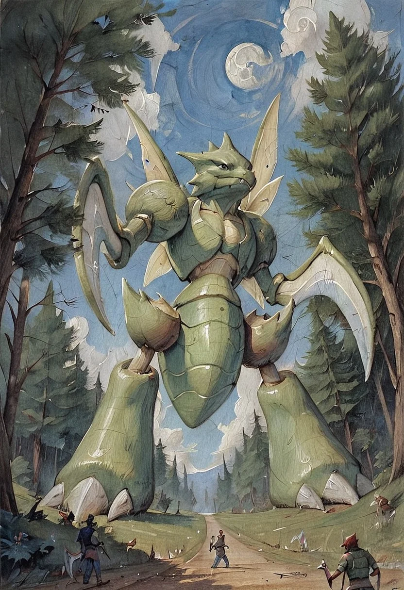 score_9, score_8, score_7, forest, night, low-angle_view, (Scyther, (giantess), male, slim), gothic art, oil painting, traditional media, realistic, best_quality