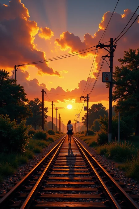 railroad crossing beautiful landscape, sunset, woman, very intricate, very detailed, sharp, bright, colorful, <lora:Hand v2:0.5> <lora:Anti-Blur:1><lora:Insane Detail Slider:0.25> <lora:flux.1_lora_flyway_Epic-detail_v2:0.3> <lora:fluxenhancer:0.25> <lora:ROWER:0.8> <lora:Anime art - Variant 2:0.6>