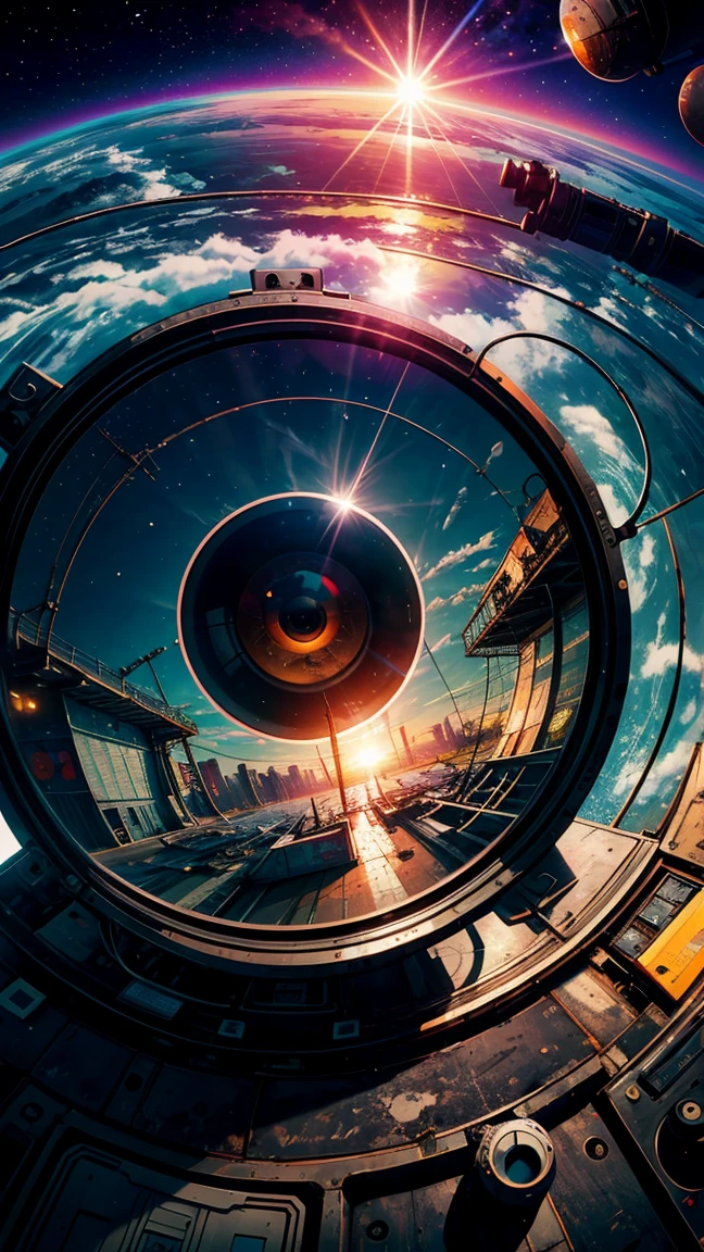 (Fish-eye lens),Icon, Logo, Very Wide White Background, Extreme Quality, Masterpiece, 8k, Depth of Field, Complex Detail, (No People), Very Large Margin, Lots of Text, Corporate Logo, Space, Motif, Emblem, Movie Poster-Like, Fisheye, Abandoned Factory, Lots of Wires, Spacecraft, Moon, Sun Flare, (sunset)