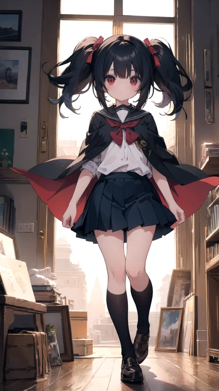 ,(masterpiece),(highres),(high quality),(insanely detailed),(absurdres),(ultra-highres),(ultra-detailed),(ultra-quality),(ultra-beautiful),(ultra detailed background),(best quality),
,(beautiful illustration),(8K),(UHD,HDR),(ray tracing),(natural light),(calibration color),
BREAK
,(cute girl),(solo),(skinny),(petite girl),(kawaii),(slender),(perfect symmetrical face),(waifu),
,(ultra cute girl),(ultra cute face),(ultra detailed eyes),(ultra detailed hair),(ultra cute),(ultra beautiful),
BREAK
,(black hair:1.2),(red eyes:1.2),(long twintails hair:1.2),
BREAK
,(school uniform),(magic cloak),
BREAK
,(megicial academy),
BREAK
,(looking at viewer),(full body),
BREAK