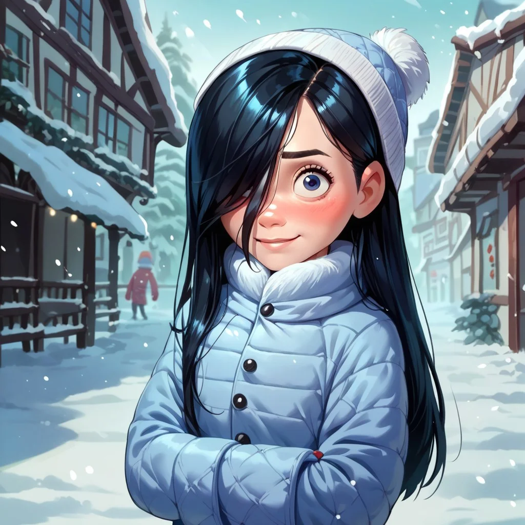 score_9, score_8_up, score_7_up, score_6_up, score_5_up, score_4_up, 1girl, VioletParr, long hair , hair covering one eye, black hair, blushing, , standing, light smile, snow clothes, winter clothes, snow