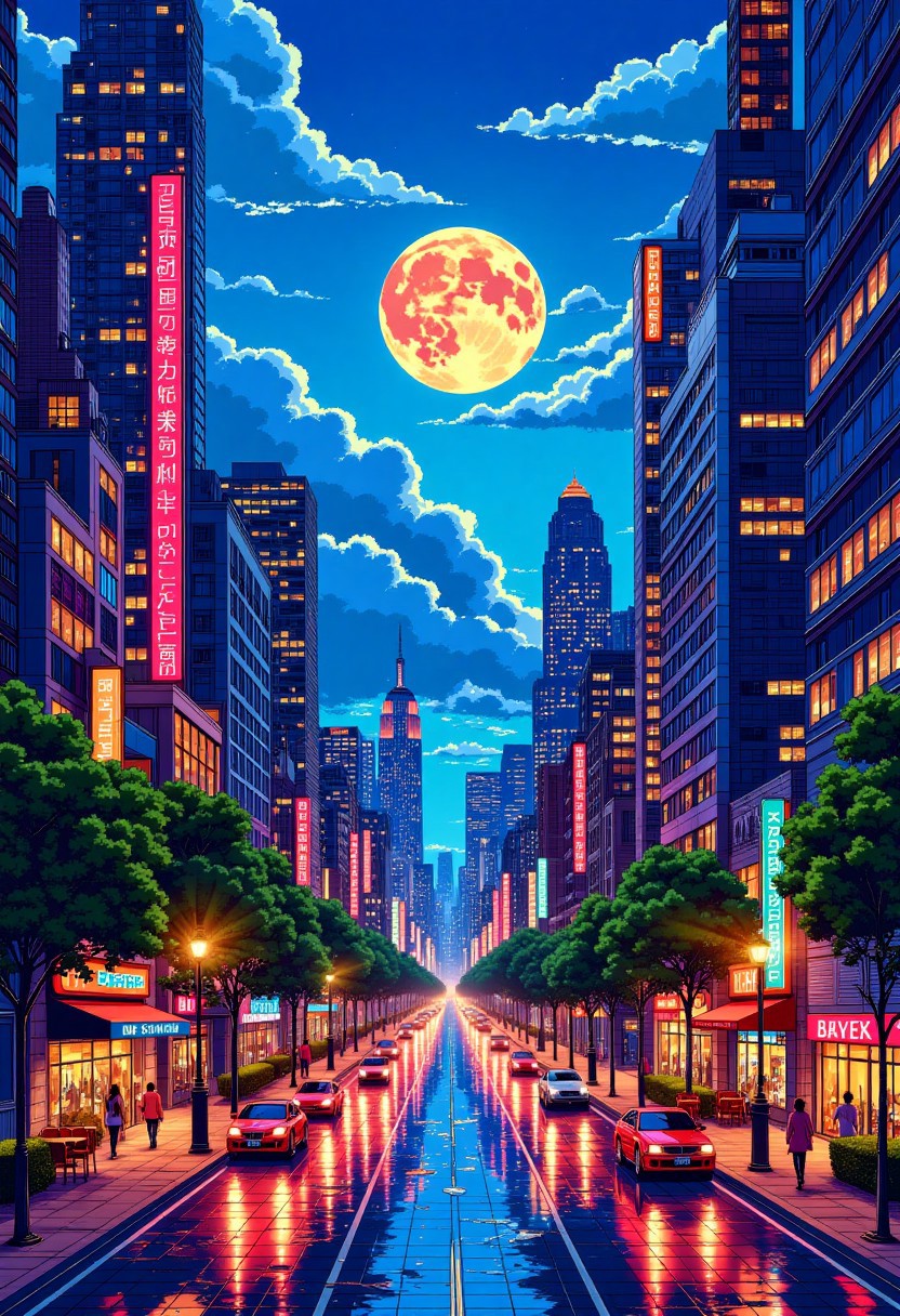 a vibrant and whimsical cityscape at dusk, set against a backdrop of a serene and radiant moonlit sky, with towering skyscrapers, bustling streets, and twinkling city lights that reflections off the wet pavement, captured in a stylized illustration style with bold lines, geometric shapes, and a kaleidoscope of colors, featuring a fusion of modern architecture, vintage flair, and futuristic elements, with subtle textures and intricate details, all harmoniously blended to create a visually striking and mesmerizing wallpaper, perfectly sized and proportioned for an iPhone case, with a sense of movement and energy that invites the viewer to step into the enchanting urban landscape.