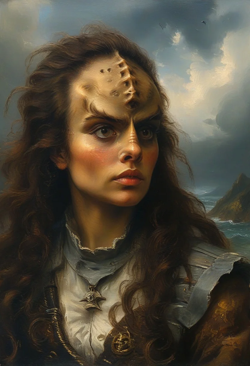 masterpiece, best quality, oil painting, illustration, style of Andreas Achenbach, portrait of a female kling0n alien pirate, forehead ridges, brown skin, nose ridges, large eyebrows
