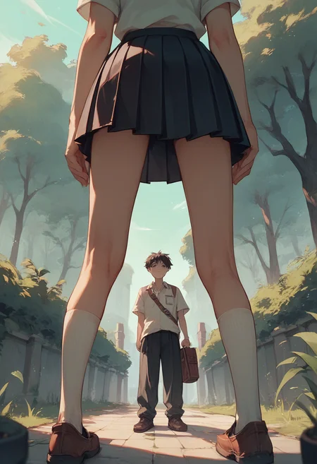 score_9, score_8_up, score_7_up, score_6_up, source_anime, <lora:view_between_legs_female_v0.2-pony:1>
1girl, view between legs,
1boy, pleated skirt, pantyshot, looking at another,