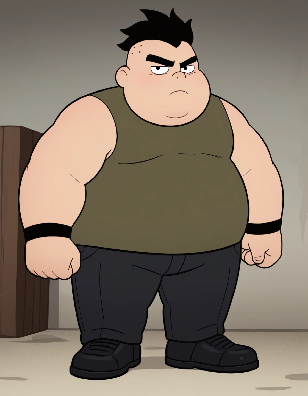 score_9, score_8_up, score_7_up, best quality, source_toon, p1n3appl3, black eyes, human, black hair, spiky hair, thick eyebrows, 3 dots on side of head, lines under eyes, double chin, fat, plump, obese, 1boy, male, dark green shirt, sleeveless shirt, dark grey pants, black shoes, black wristbands, standing, looking at viewer, clenched fists, grumpy face