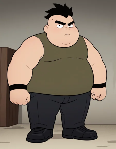 score_9, score_8_up, score_7_up, best quality, source_toon, p1n3appl3, black eyes, human, black hair, spiky hair, thick eyebrows, 3 dots on side of head, lines under eyes, double chin, fat, plump, obese, 1boy, male, dark green shirt, sleeveless shirt, dark grey pants, black shoes, black wristbands, standing, looking at viewer, clenched fists, grumpy face