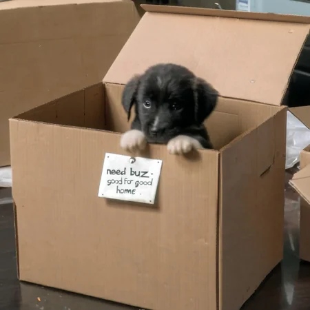 sad puppy in box with a sign saying "Need buz for good home"