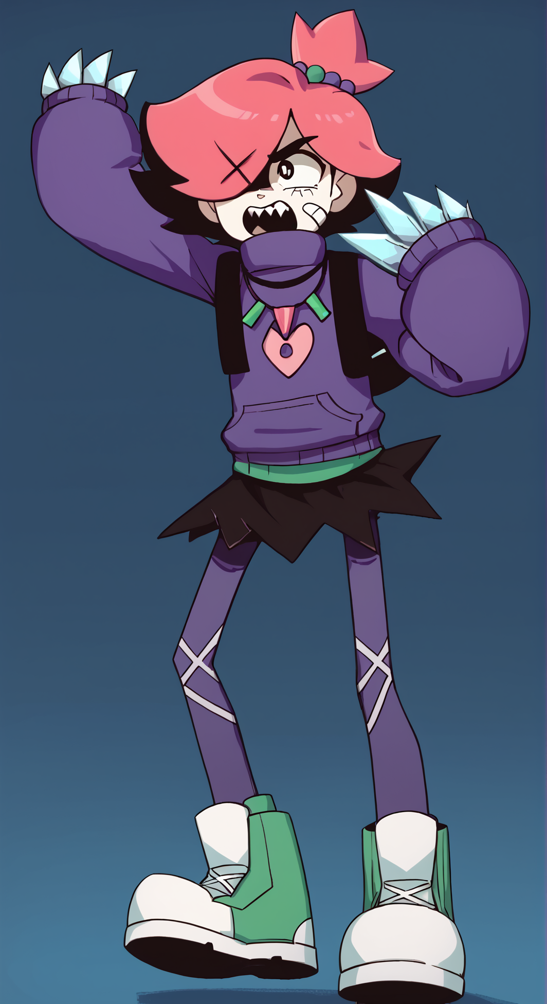 ((score_9)), score_8_up, score_7_up, high quality, masterpiece,    epitheterased, handfixer, 1girl, TrixieEE, Pink Hair, hair over one eye, sharp teeth, short hair, hairclip, black eyes, side ponytail, bandaid on face, ((cute)), ((short)), skinny, slender, ((petite body)), purple sweater, sleeves past wrists, hair ornaments, hair bobbles, sleeves past fingers, necklace, pantyhose, turtleneck, green footwear, sneakers , black skirt, flat colors , (((+ +))), ((claws)), (long blades), ((weapon)), attacking<lora:Trixie_Roughhouse:1>,<lora:HandFixer_pdxl_Incrs_v1:1>,<lora:EpithetErased:0.7>