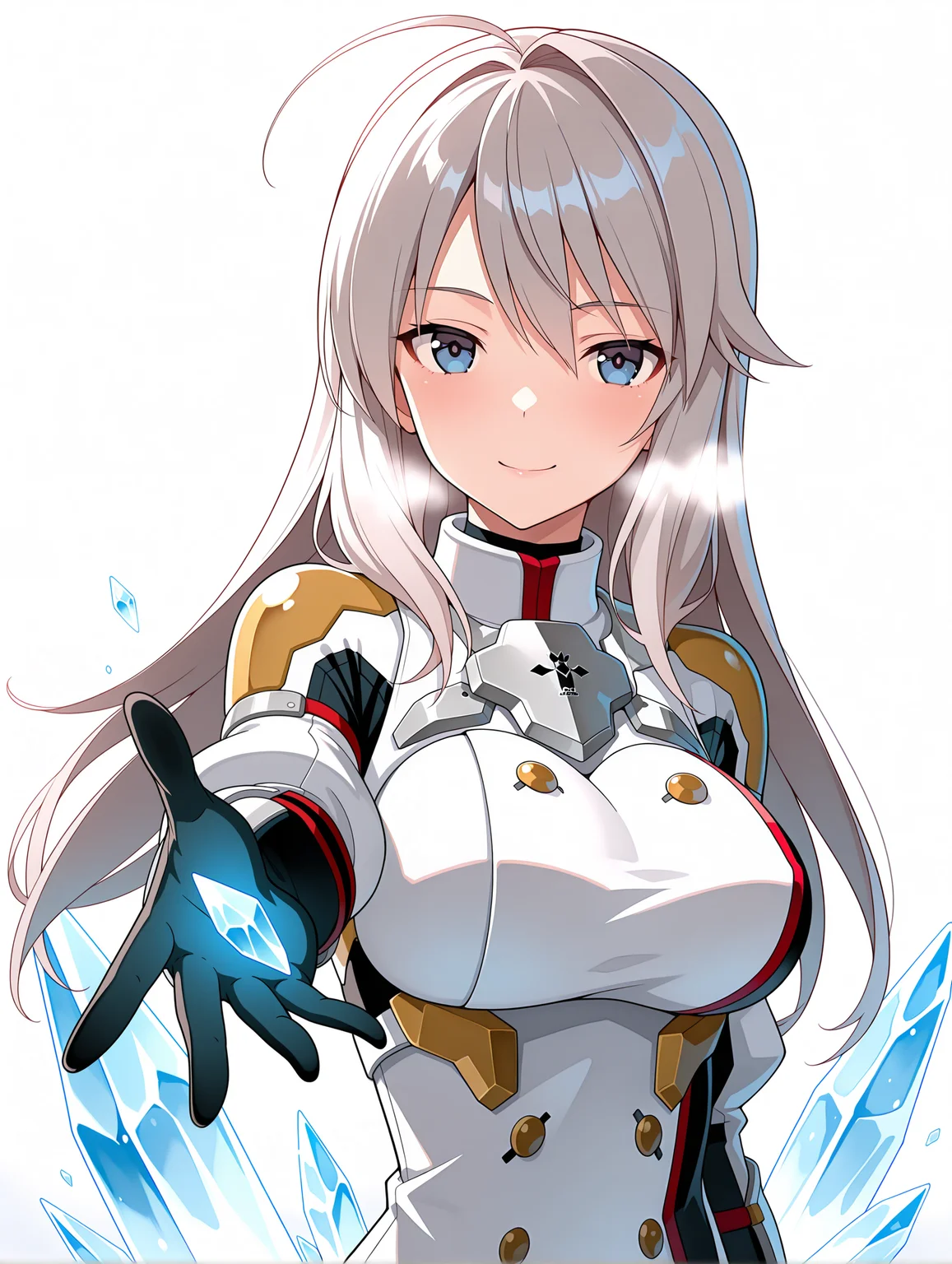 masterpiece,best quality,amazing quality,
1girl,solo,
<lora:k_chieri_ilxl_1.5:1>,chieri,ahoge,grey hair,blue eyes,
surcotte,armor,
cold,ice,clenched hands,<lora:Fixhands_anime_bdsqlsz_V1:1>,looking_at_viewer,standing,simple_background,white_background,open hands,seductive_smile,front view,portrait,outstretched arms,straight-on,cowboy_shot,
