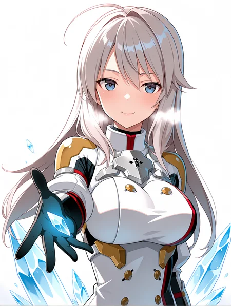 masterpiece,best quality,amazing quality,
1girl,solo,
<lora:k_chieri_ilxl_1.5:1>,chieri,ahoge,grey hair,blue eyes,
surcotte,armor,
cold,ice,clenched hands,<lora:Fixhands_anime_bdsqlsz_V1:1>,looking_at_viewer,standing,simple_background,white_background,open hands,seductive_smile,front view,portrait,outstretched arms,straight-on,cowboy_shot,