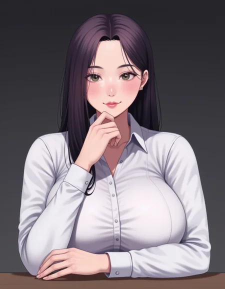 The <lora:real-lora:1.1> (ultrarealistic:1.1) image is a high-resolution photograph of <lora:ddcsunbae-flux_v2:1> ddcsunbae, a korean woman with long, straight, dark purple hair. She has a confident expression, with a slight smirk and her right hand resting on her chin and her huge breasts resting on a table. She wears a white, long-sleeved shirt that is form-fitting, accentuating her figure. The background is a gradient of dark gray, creating a sense of depth. The art style is clean and polished, with smooth shading and precise lines. The overall composition focuses on her face and upper body.
