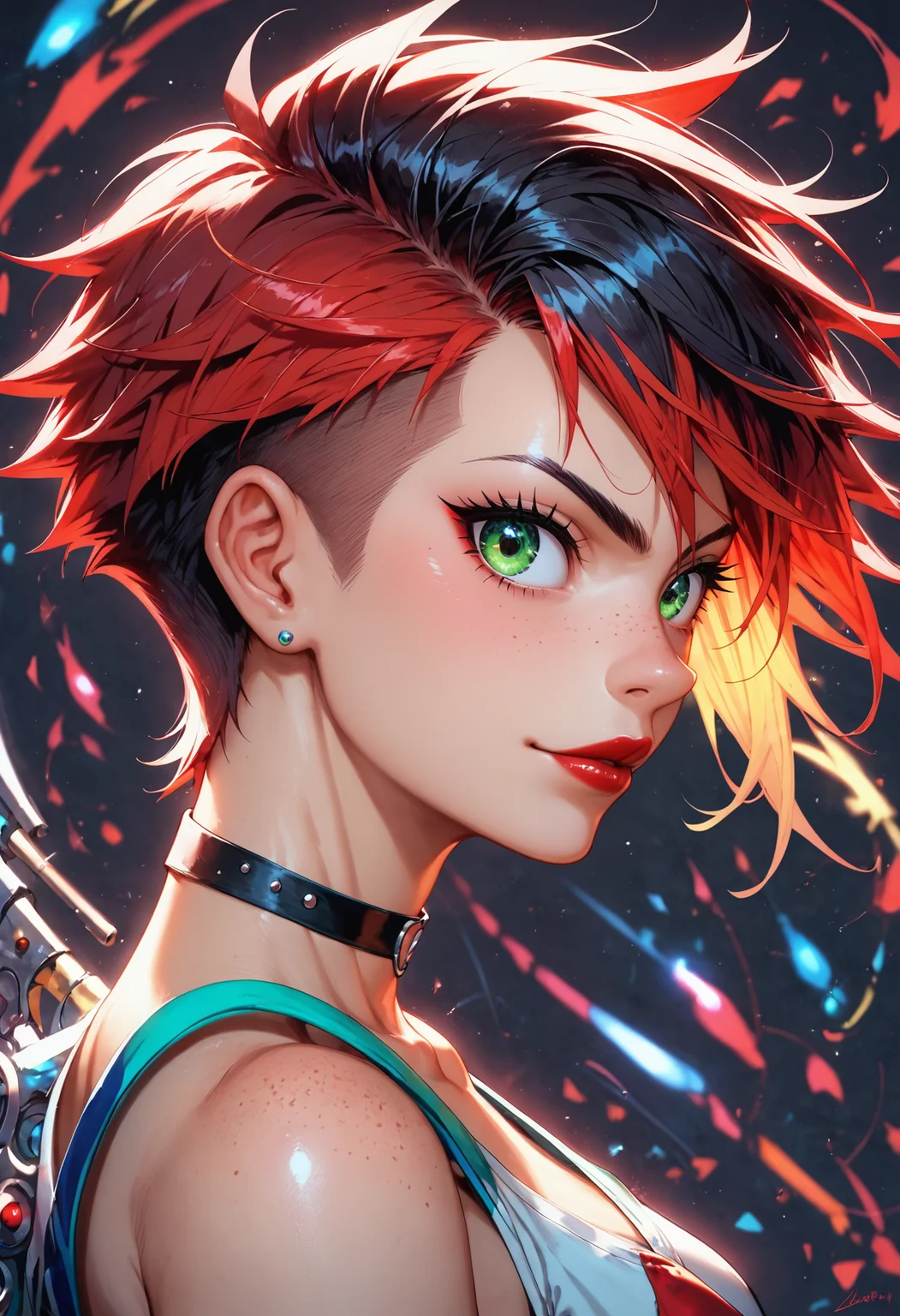 (score_9, score_8_up), score_7_up, MythAn1m3, source_anime, 1girl, sexy 18 year old tomboy, perfect body, fair skin, cute face, freckles, dimples, green eyes, medium breasts, long legs, choker, firm butt, round ass, black hair, two-tone hair, red pixie cut red hair, young, large eyes, petite, very cute, detailed background, vibrant, lively, masterpiece, ultra-detailed, best quality, illustration, Depth of field, dynamic lighting, high-contrast, flashy gyaru, showy, many accessories, colorful clothes, kogal, adorable anime girl in decora fashion, detailed body, colorful and vibrant outfits, kawaii, dynamic and energetic poses, long voluminous eyelashes, close up, half body shot, red lips, jet black theme, deep black and white, mysterious atmosphere, her hair blows in the wind, attractive, portrait, dark fantasy world <lora:MythAnim3Style:0.8>