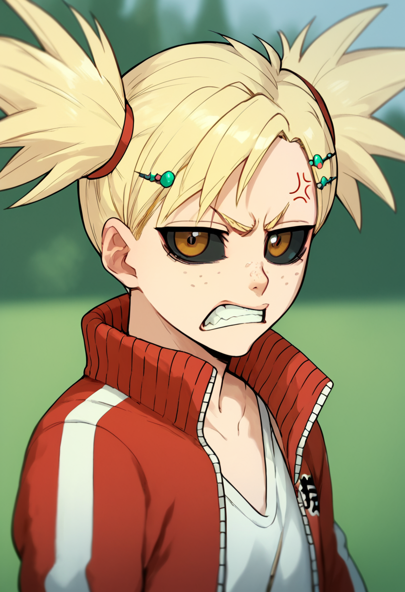 hiyorisarugaki, 1girl, blonde hair, solo, track jacket, hairclip,clenched teeth,  short twintails, freckles, brown eyes, tank top, angry, outdoors, anger vein, looking at viewer ,open mouth,    <lora:HiyoriSarugakiPony1.2:1>, score_9, score_8_up, score_7_up, score_6_up, score_5_up, score_4_up, looking at viewer,track suit black sclera,