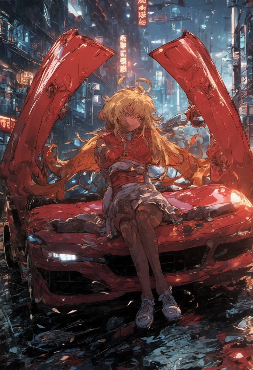 A girl sits on the hood of a sports car from 80s. Vaporwave style. Open doors upward