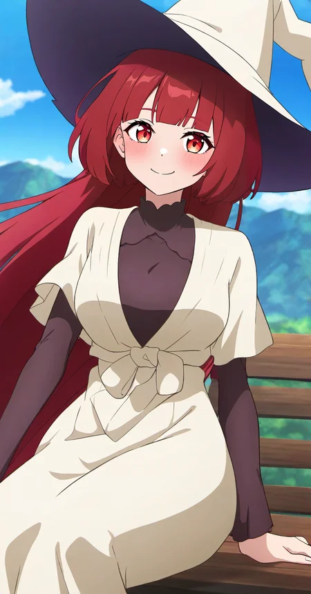 ,kuragecut,1girl,solo,blush,smile,((bob_cut,very long hair, long hair)),looking at viewer, redhair,outdoors,witch hat,witch_outfit,robe,dress,mountain,breasts, medium breasts,cowboy shot, red eyes, ,sitting,bench
<lora:kuragecut_v1_illustrious_xl:1>,anime screencap, anime_coloring,anime_keyvisual