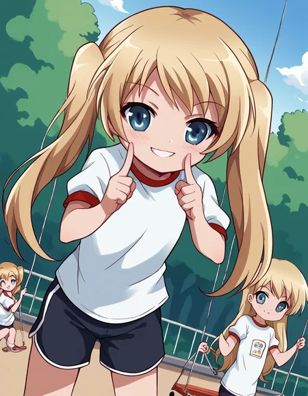 score_9, score_8_up, score_7_up, source_anime, <lora:maho-misawa-s1-ponyxl-lora-nochekaiser:1>, maho misawa, long hair, blue eyes, blonde hair, twintails,, gym uniform, shorts, black shorts, dolphin shorts, public park, playground, swing set, laughter, sunny day, smile, <lora:finger-to-cheek-ponyxl-lora-nochekaiser:1>, finger to cheek, index finger raised, pointing at self, bedroom, parted lips, leaning forward, bent over, cowboy shot, dutch angle,, looking at viewer, solo,, dutch angle, cowboy shot