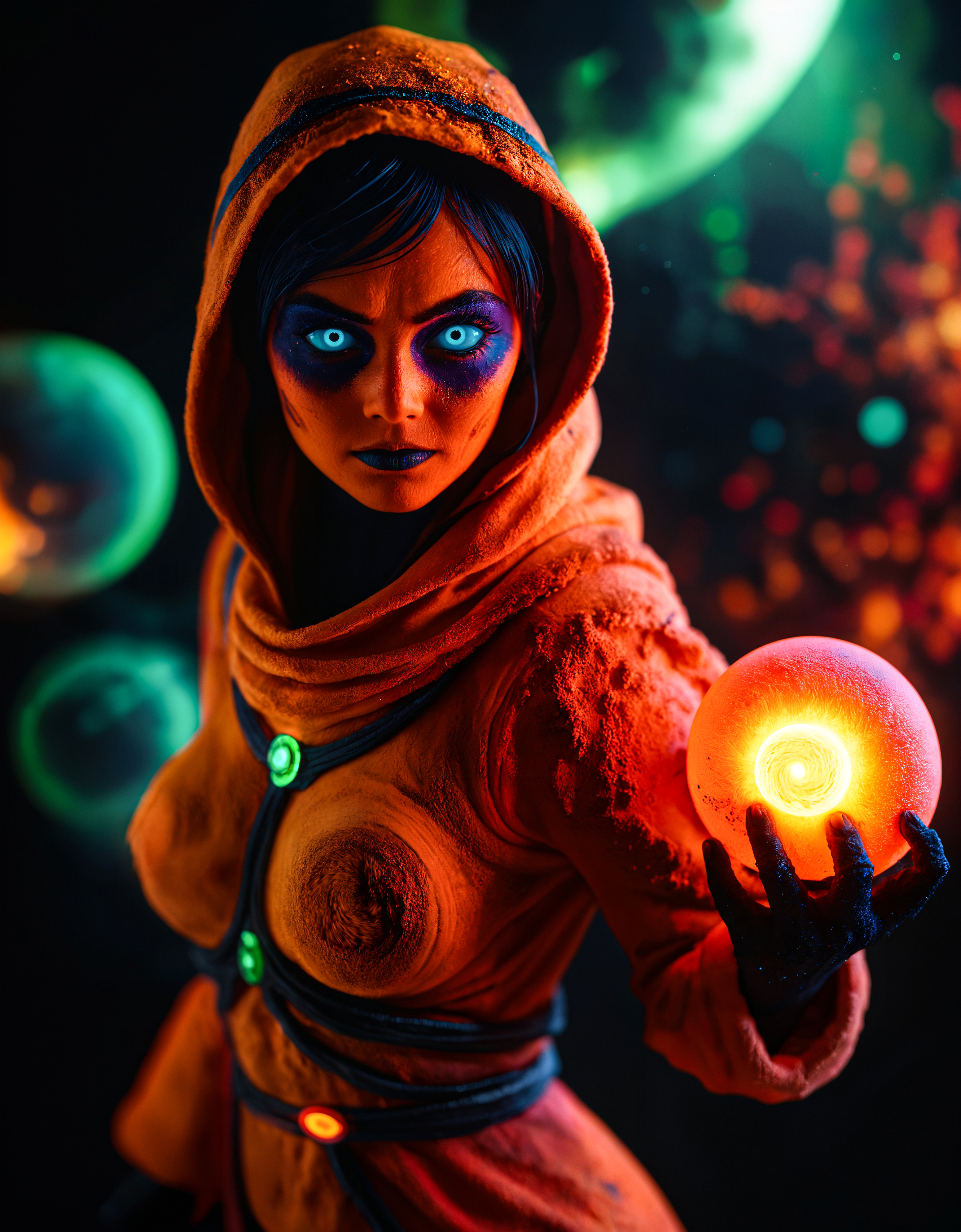 zavy-flrscnc, fluorescent, glowing dust, fluorescent dust, fluorescent spraypaint, fluorescent grain, dust, cinematic film still of Dormammu in dark space on many planets in space surrounded by nebulae, photorealistic, 100mm f/2.8 macro lens,