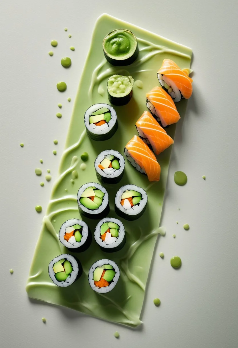 Minimalist Sushi Roll Display, Aesthetic Arrangement of Seaweed-Wrapped Sushi Rolls with Cucumber Green, Carrot Orange, and Avocado Cream, Set Against a Matte White Surface, with Soft Reflections of Soy Sauce Drops and Wasabi Accents, Emphasizing Clean Lines and Balanced Composition