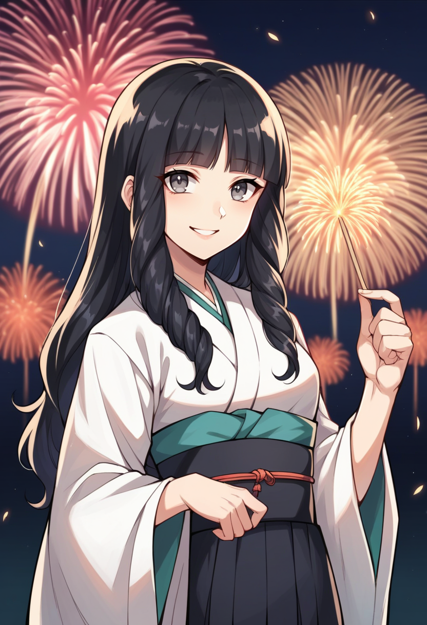 score_9, score_8_up, score_7_up, source_anime BREAK 1girl, solo,   <lora:zs_NagiXL:1> nagidsrk2, black hair, long hair, blunt bangs, drill hair, grey eyes, kimono,  fireworks, smile, looking at viewer, cowboy shot
