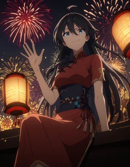 score_9,score_8_up,score_7_up,chinese_style,china_dress,
<lora:gutu_pony:0.6>,gutu,1girl,solo,blue eyes,ahoge,long hair,braid,black hair,bangs,hair between eyes,medium breasts,<lora:Anime_Screencap:1>,anime screencap,fireworks,lantern festival,cinematic_angle,sitting,<lora:magazine-cover-ponyxl-lora-nochekaiser:1>,smile,waving,