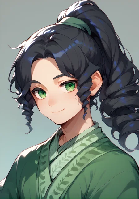 score_9, score_8_up, score_7_up, masterpiece, best quality, 1boy, solo, yong boy, looking at viewer, smile, ponytail, black hair, green eyes, meilan, green hanfu, <lora:MaiLanPony:1>