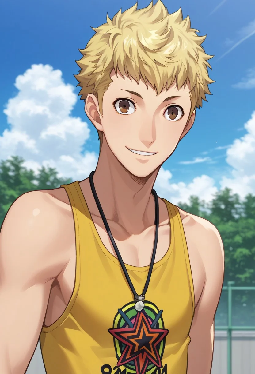 score_9, score_7_up, source_anime
ryuji, 1boy, male focus solo, brown eyes, blonde hair, short hair, tank top, yellow tank top, jewelry, necklace, smile,
standing,
outdoor, sky,