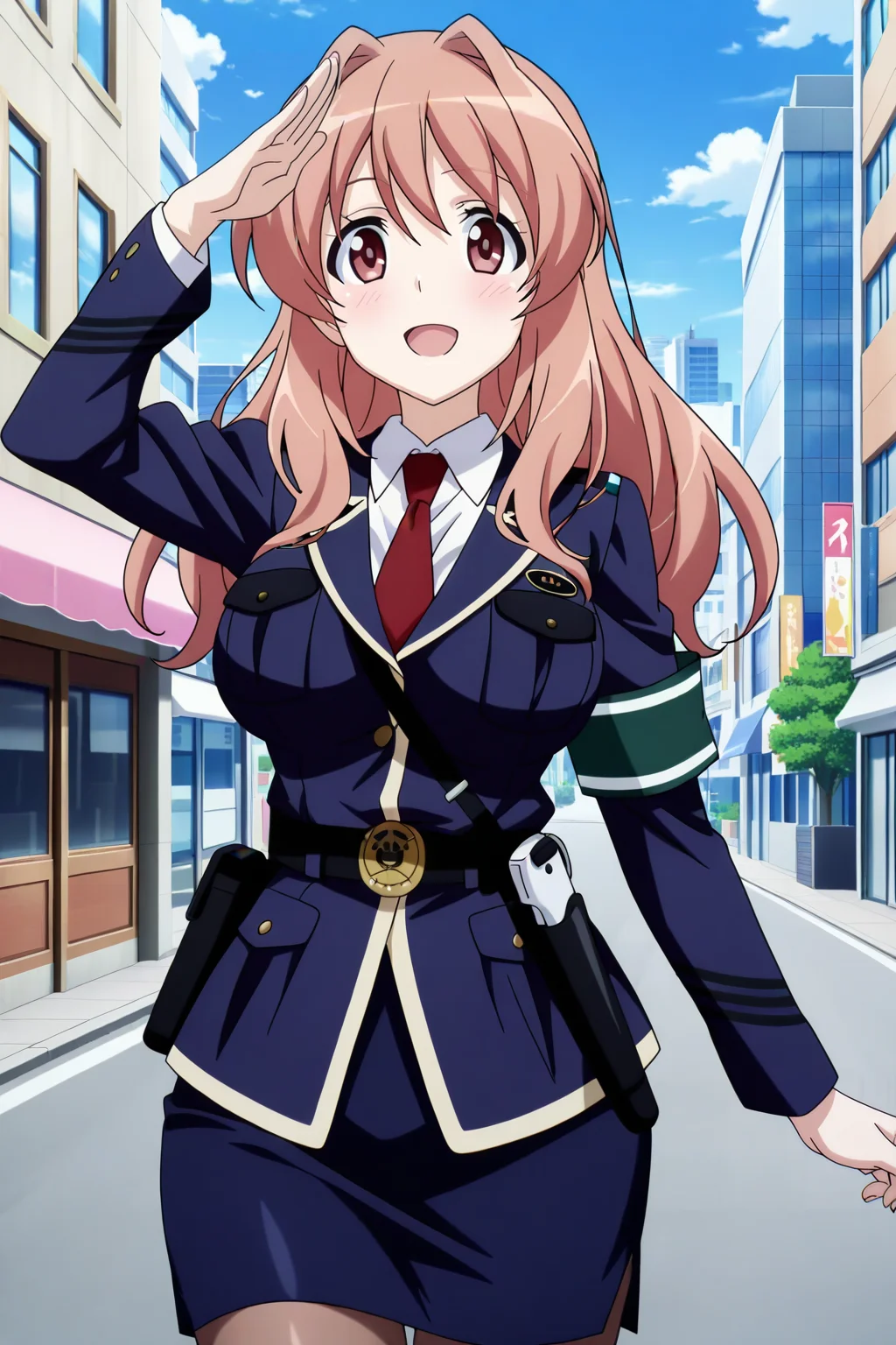 anime screenshot, anime coloring, koumi haruka, 1girl, solo, brown hair, long hair, hair intakes, brown eyes, large breasts, police uniform, blue jacket, white shirt, collared shirt, long sleeves, red necktie, black belt, shoulder belt, green armband, blue skirt, pencil skirt, brown pantyhose, holster, looking at viewer, smile, open mouth, salute, outdoors, city, street, day, blue sky, masterpiece, best quality, high quality, highres, absurdres, <lora:koumi_haruka_ILXL_v2:0.9>