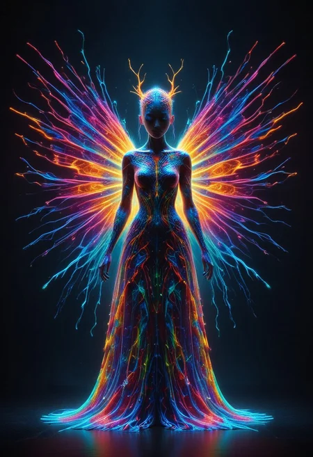 a full body fire entity whit multicolored flames, professional photography of an fantastical warrior fairy princess entirely made of cyberflies with whimsical elements, swirling magic, eerie fairytale landscape, elaborate fantasy style art, very colorful, intricate details, ultra sharp, exquisite detail, flawless composition, vivid colors, masterpiece, exciting background, TAS, TASvisuals, Psychedelic , Rave, Elaborate , Blacklight , Vibrant , cyberflies, black light paint, blp, Colorful Chaos Cracks and Drops, mad-glowtiedye, made out of,colorful,liquid,Murano Art Glass