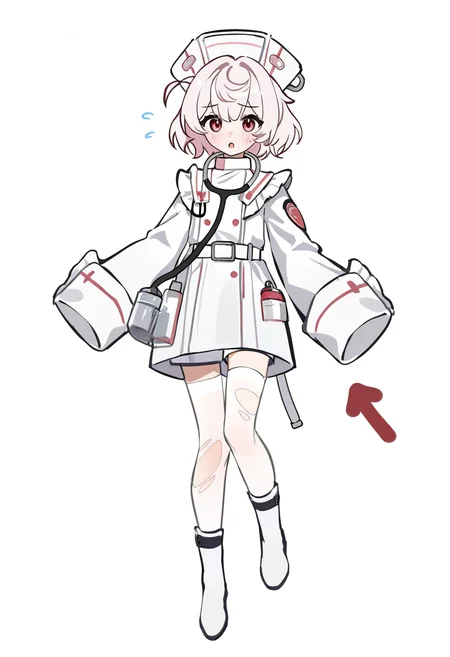 c3styl333, year 2024, masterpiece, best quality, newest, absurdres, highres, full body, white background, 1boy, light pink hair, doctor, sleeves past wrists, white belts, belts, straps, medical equipment, shy, dark red eyes, white theme, shorts, (thighighs:1.2), boots, lace, frills, white boots, tripping, :o, ornate, flying sweat drops, torn clothes, short hair, looking at viewer, stethoscope, torn thighhighs, shoulder bag, hat,