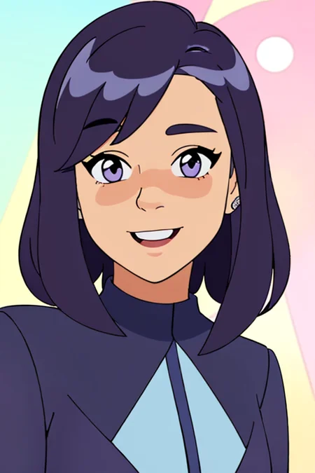 portrait of aubreyplazav2-300, detailed purple eyes, smiling, wearing a purple suit, standing near a library