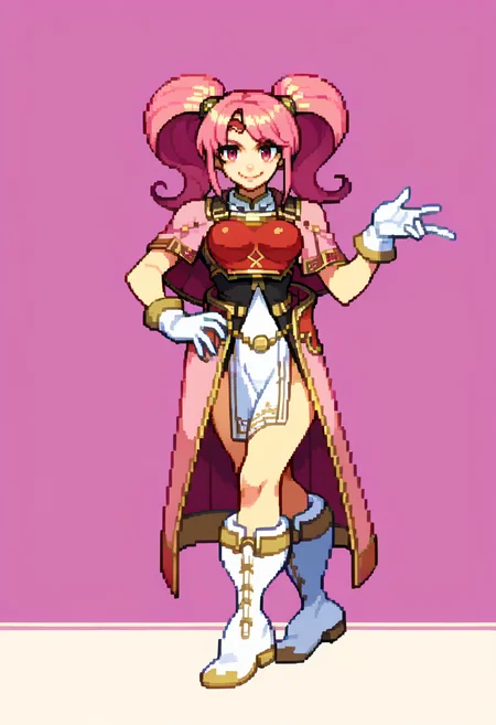 score_9, score_8_up, score_7_up, source_anime, BREAK, solo, 1girl, smile, looking at viewer, <lora:Mae-pdxl_Fp:1>, maefe, twintails, pink hair, pink eyes, circlet, long hair, armor, breastplate, capelet, pelvic curtain, white gloves, boots, white footwear, <lora:CPS2-pdxl_Fp:1>, full body, simple background, looking at viewer, pixel art, standing, hand on own hip,