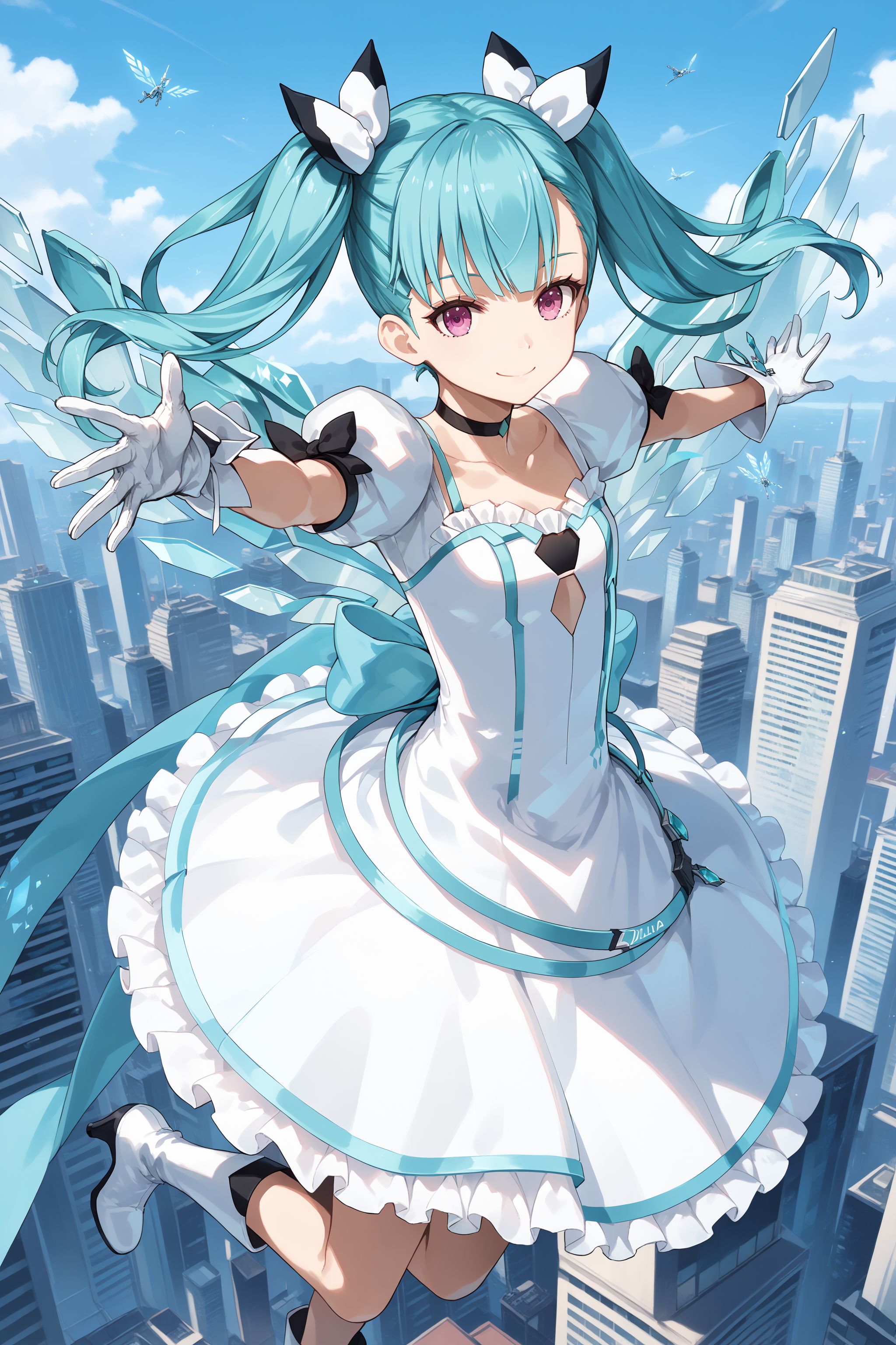 score_max, (score_9, score_8_up, score_7_up:1.2), score_6_up, official art, source_anime,
, masterpiece, absurdres, high detail, 8k,
metropolice, skyscraper, danmaku, blue sky, from above,
floating, fighting stance, outstretched arms, smile, :d,
, solo, ddphibachi, aqua hair, hair bow, twintails, quad tails, choker, white dress, collarbone, clothing cutout,  puffy short sleeves, crystal wings, white gloves, back bow, white skirt, frills, white boots, heels
<lora:XL_Pony_gomaotsu-hibachi-t3:0.9>