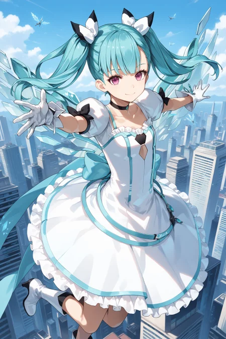 score_max, (score_9, score_8_up, score_7_up:1.2), score_6_up, official art, source_anime,
, masterpiece, absurdres, high detail, 8k,
metropolice, skyscraper, danmaku, blue sky, from above,
floating, fighting stance, outstretched arms, smile, :d,
, solo, ddphibachi, aqua hair, hair bow, twintails, quad tails, choker, white dress, collarbone, clothing cutout,  puffy short sleeves, crystal wings, white gloves, back bow, white skirt, frills, white boots, heels
<lora:XL_Pony_gomaotsu-hibachi-t3:0.9>