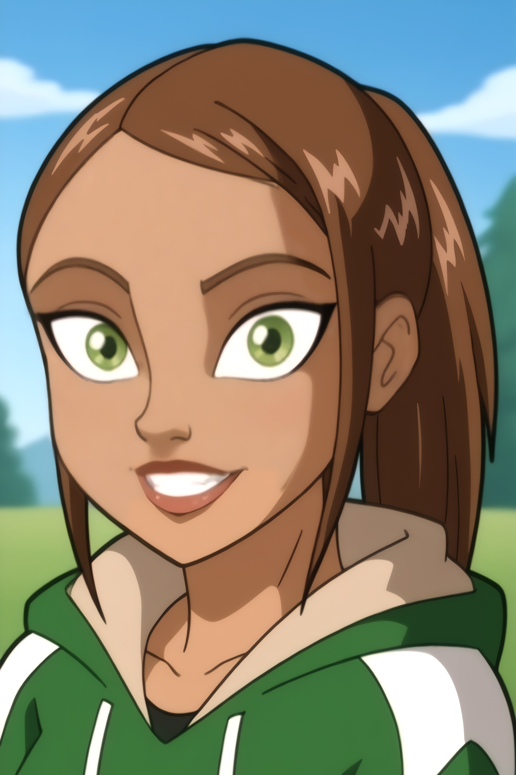 <lora:LionessV2:0.8> cartoon style, Lioness, bright green eyes, brown hair, hair highlights, upper body, smile