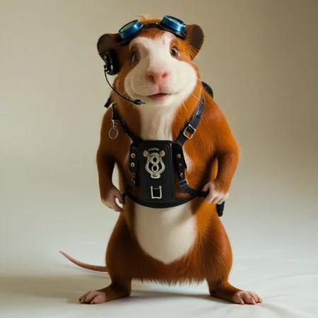 score_9, score_8_up, score_8, score_7, source_movie, realistic, Darwin(GF), Solo, 1boy, semi-anthro, male furry, rodent, guinea pig, brown and white fur, brown eyes, pink nose, animal ears, full body, looking at viewer, standing, harness, earpiece, night vision goggles, smile, one hand on hip, white background,