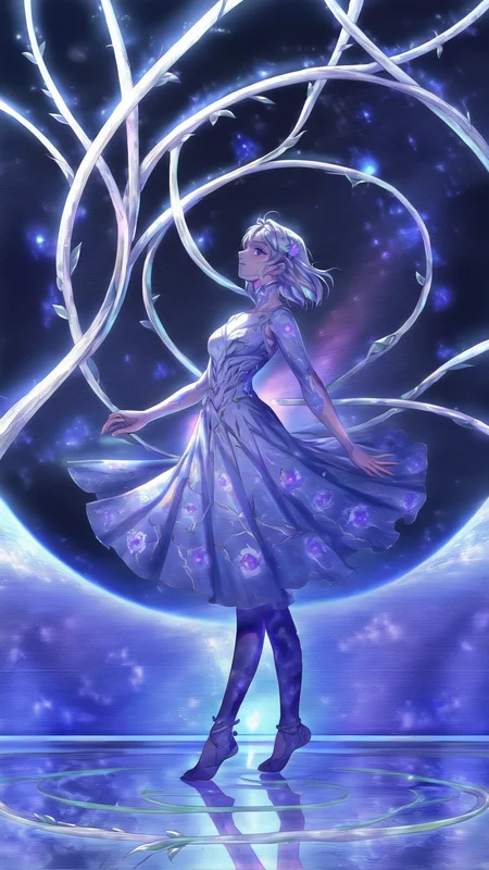 masterpiece, best quality,
,source_anime,
masterpiece,ultra-detailed,best quality,8K,illustration,
1girl, glowing, abstract, flower, leaf, vines, floral work, abstract, simplicity, light from up, reflecting floor, floral print, white, pose, contrapposto, stars, nebula, moon<lora:foomXLlokr8f-000184:1>